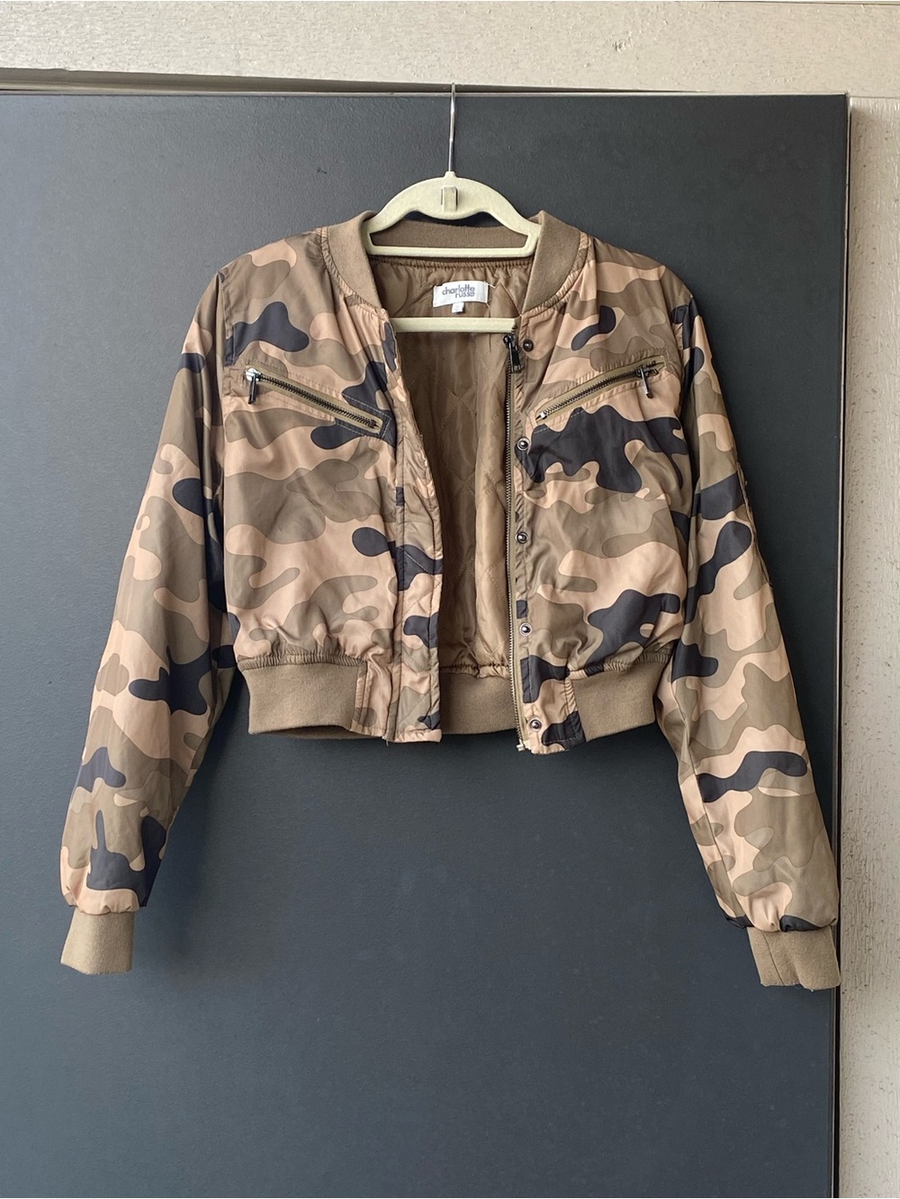 Charlotte Russe Cropped Camouflage Bomber Jacket - Brown/Black